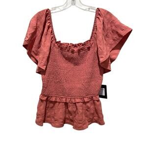 Cliche Smocked Ruffle Peplum Top Textured Flutter Sleeve Clay Women’s Medium